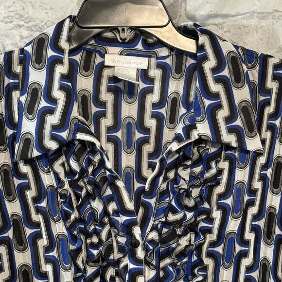 Worthington Blouse Womens XL Blue White Black Accordion Button Front Long Sleeve - Picture 2 of 14